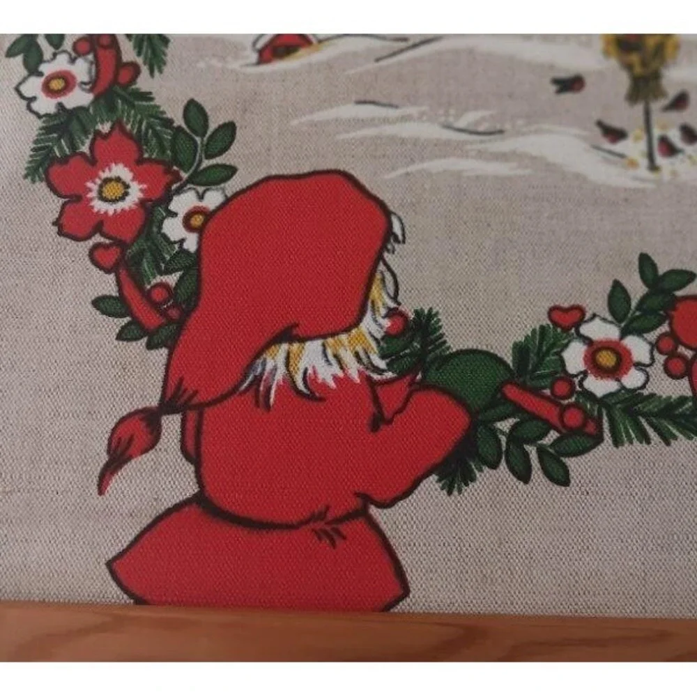 Vintage Norway Christmas Wall Art Gnome Farm Wreath Print Linen Buhler 16" - Picture 2 of 4